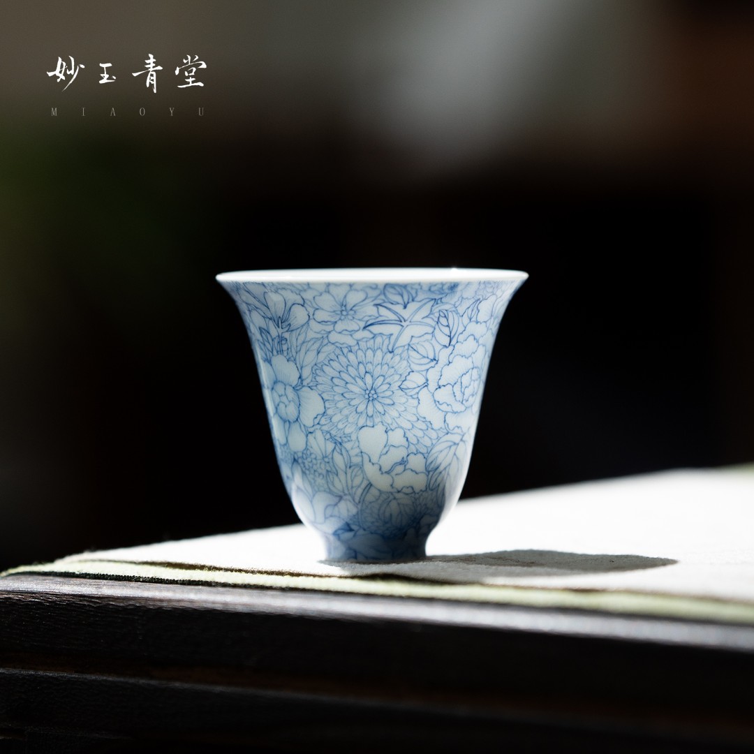 妙玉青堂蓝上蓝单杯青花手绘闻香杯纯手工茶具套组高端独特陶瓷杯