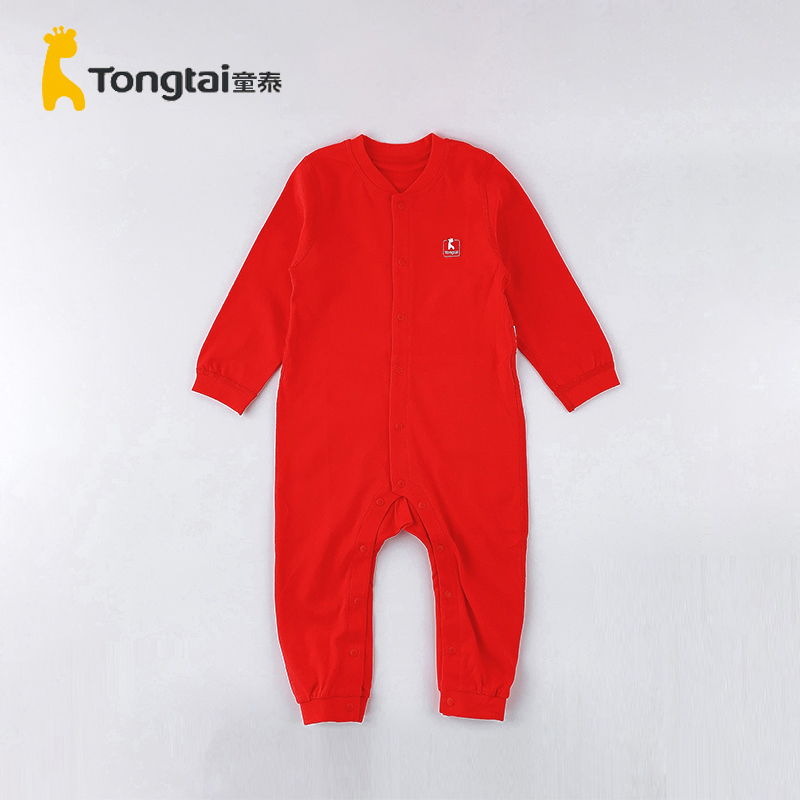 Tongtai/童泰春秋男女宝3-18月大红对开纯棉长袖连体哈衣34J3286