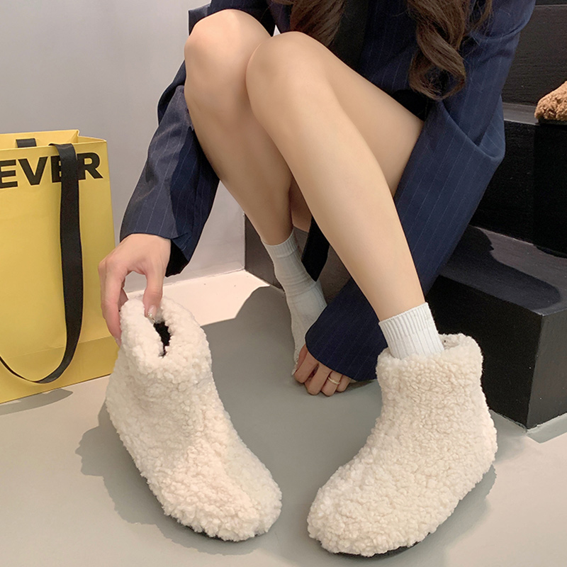 红蜻蜓牌羊羔毛毛鞋高帮雪地靴女冬季加绒加厚法式韩系小踝靴平底