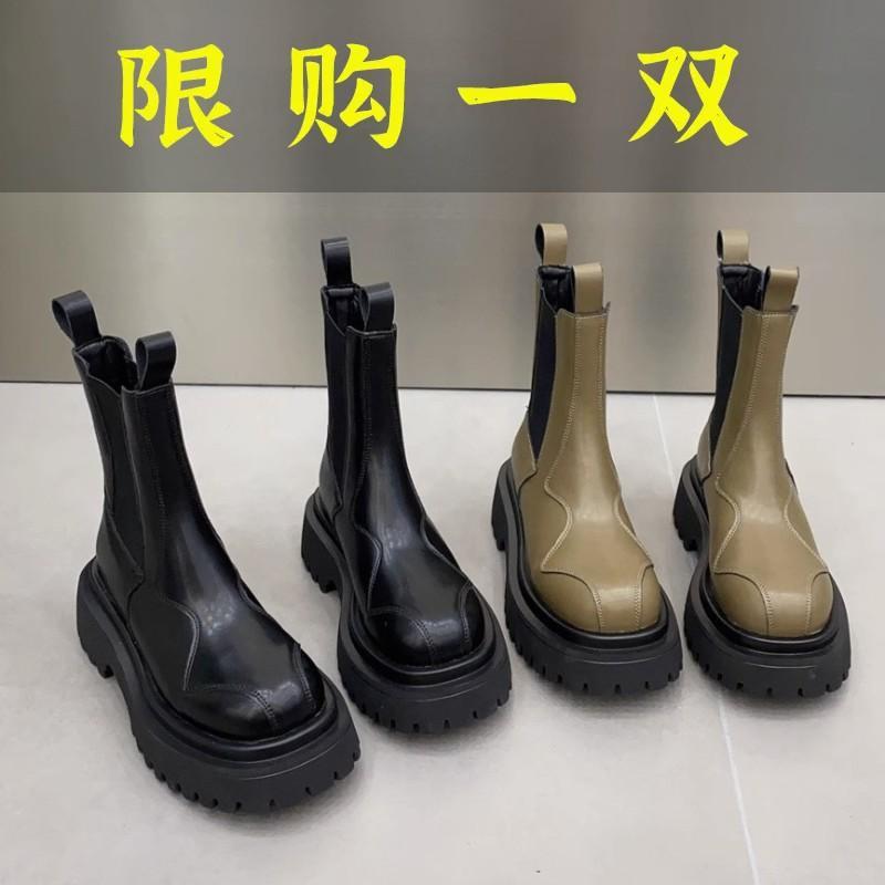 红蜻蜓牌欧货真皮烟筒短靴女2023新款春秋英伦风马丁靴厚底显瘦