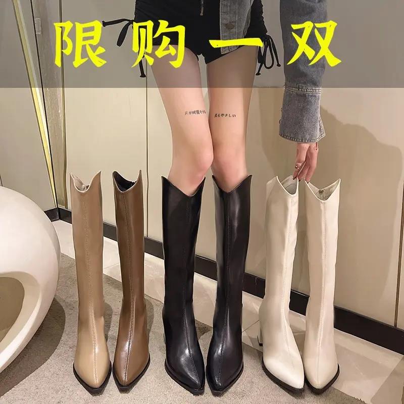 红蜻蜓牌百搭骑士长靴女粗跟2023年秋冬网红尖头高跟瘦瘦长筒靴