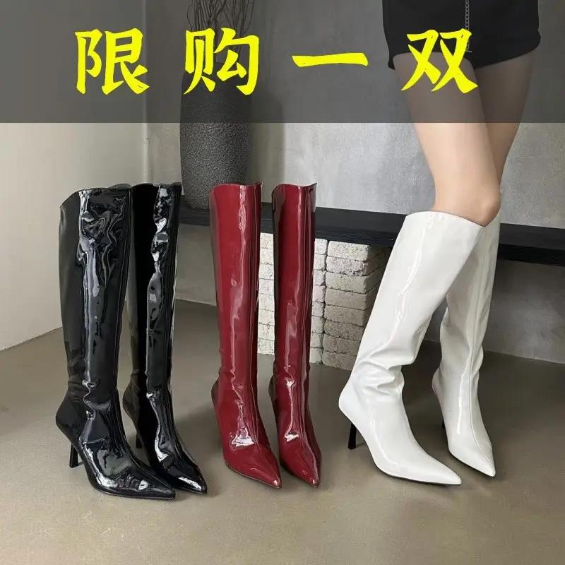 红蜻蜓牌欧美风尖头漆皮过膝靴女2023秋季网红高跟细跟后拉链瘦
