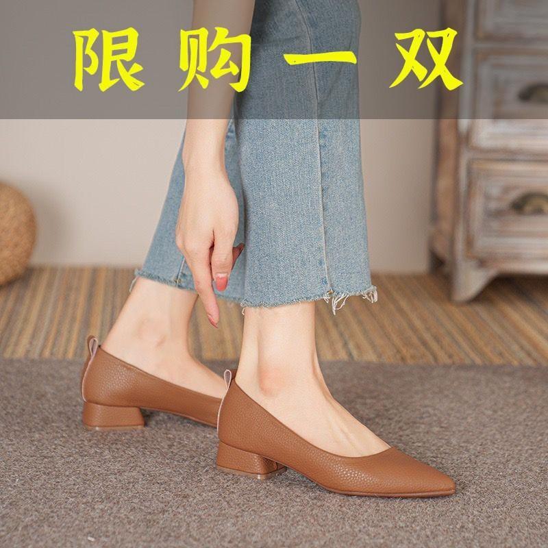 红蜻蜓牌新款真软皮尖头单鞋荔枝纹粗跟一脚蹬低跟百搭显瘦浅口