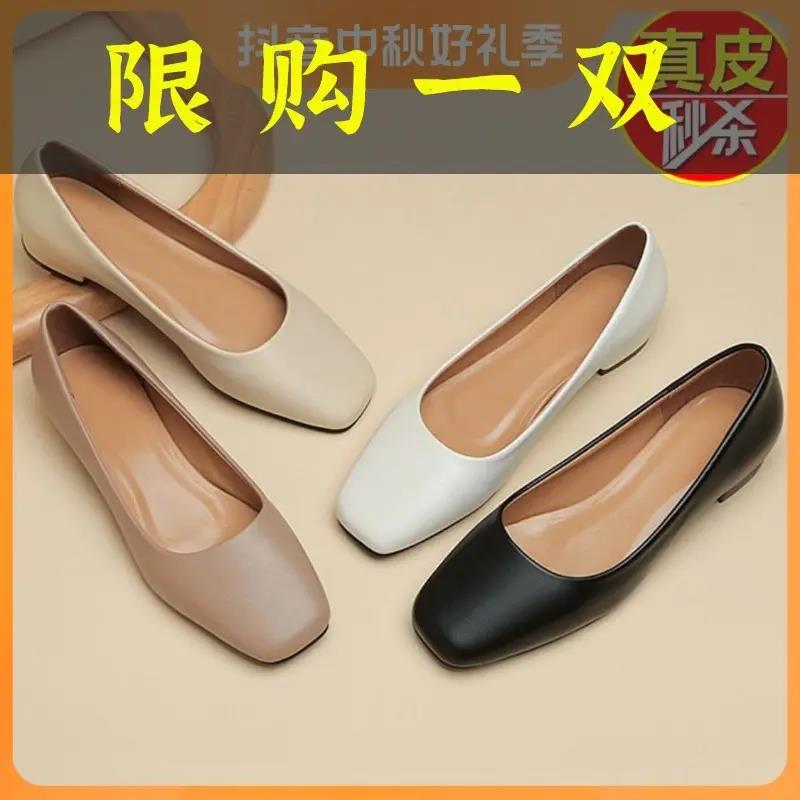 红蜻蜓牌真皮单鞋女2023年春季新款方头粗跟低跟百搭职业工作鞋