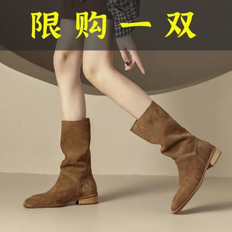 红蜻蜓牌女鞋2023秋冬新款磨砂牛翻皮平跟中筒靴黑色咖色堆堆靴