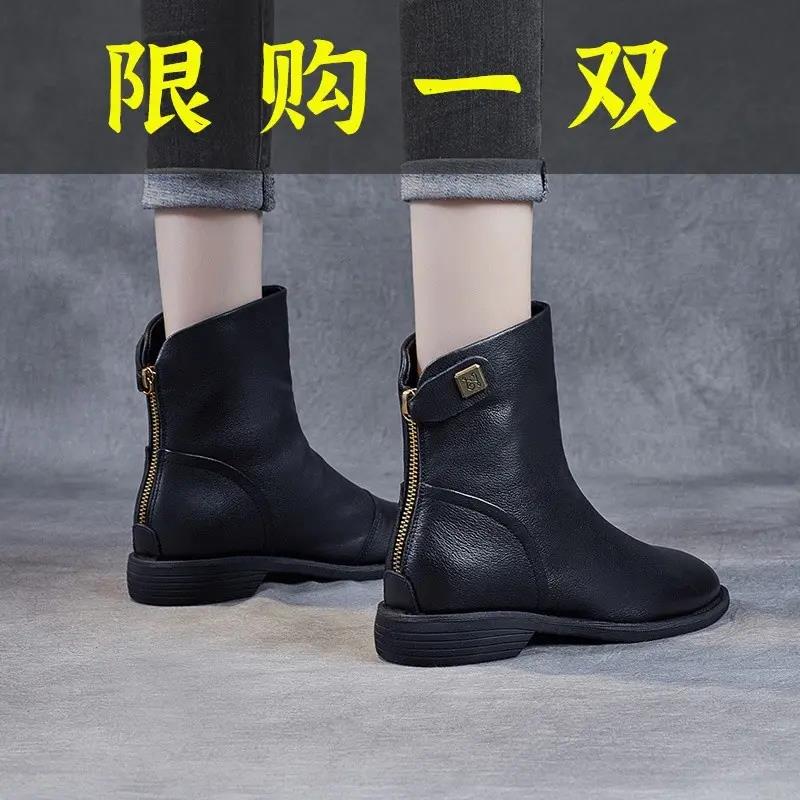 红蜻蜓牌头层牛皮马丁靴女英伦风2023年秋冬季切尔西小短靴平底