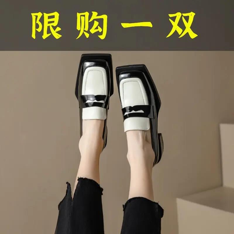 红蜻蜓牌粗跟方头漆皮春季乐福鞋单鞋厚底百搭真皮时尚黑色深口