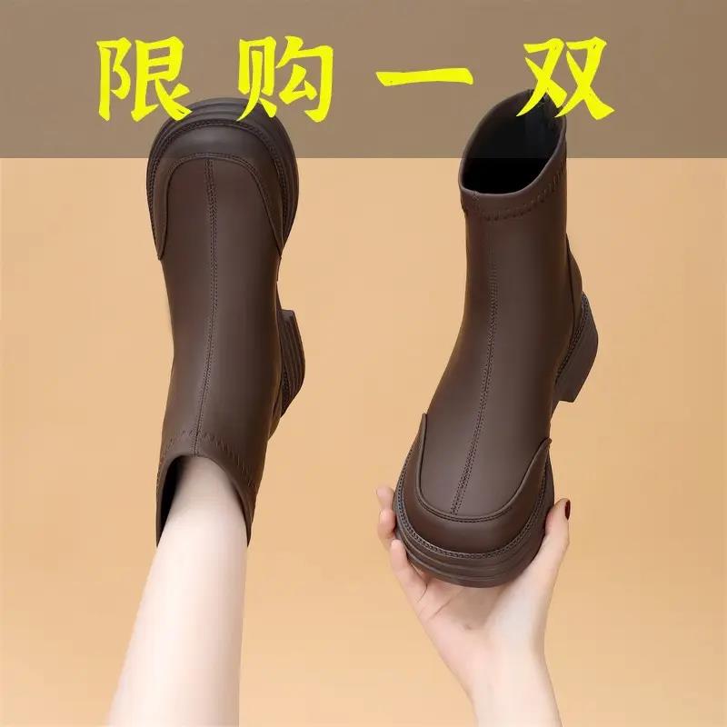 红蜻蜓牌真皮切尔西马丁靴女2023年秋冬新款加绒后拉链显瘦圆头