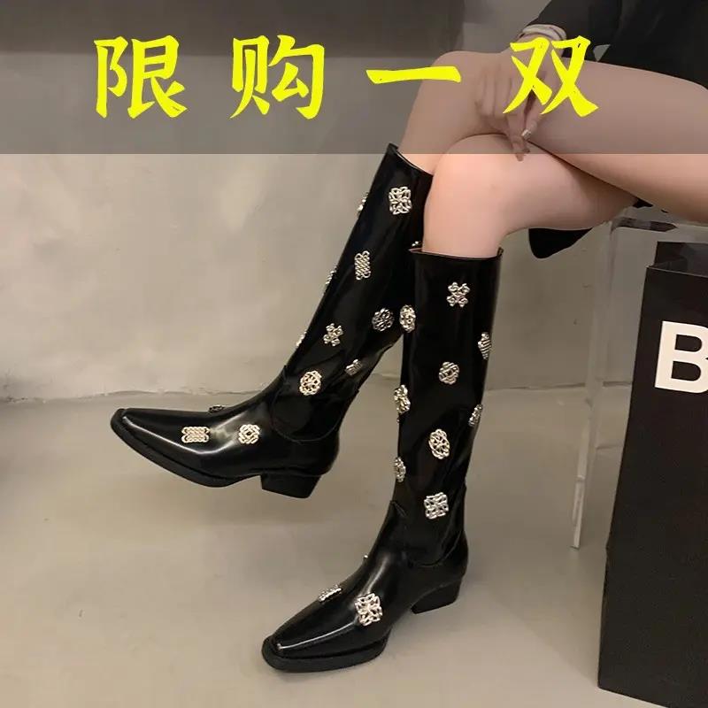 红蜻蜓牌长筒靴2023新款高筒不过膝金属尖头粗跟骑士靴