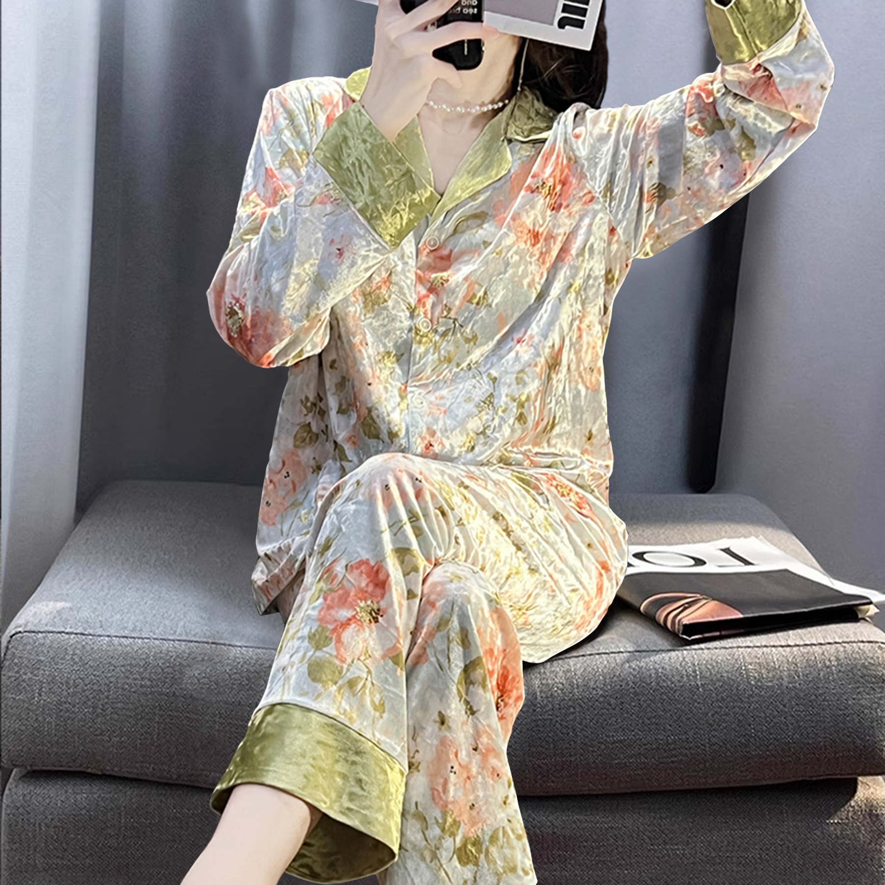 睡衣女秋冬季长袖套装轻奢甜美印花花卉可外穿家居服复古时尚减龄