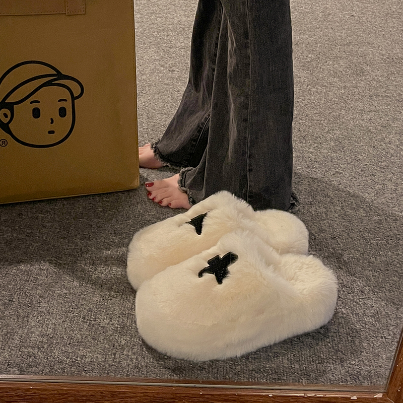 松糕厚底十字花毛毛拖鞋女外穿秋冬季2023新款网红时尚包头棉拖鞋