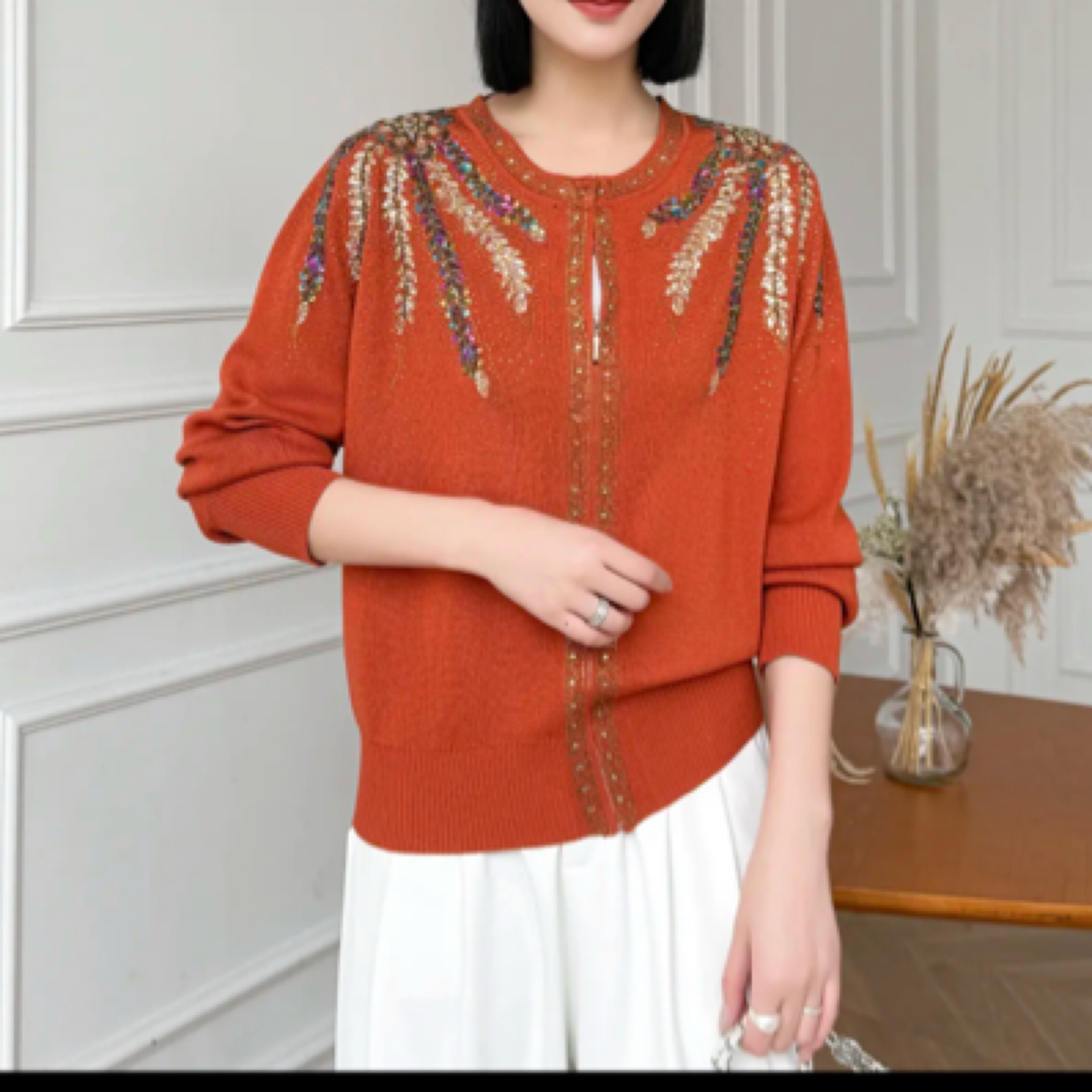 重工圆领烫钻长袖洋气针织开衫百搭套头上衣打底减龄