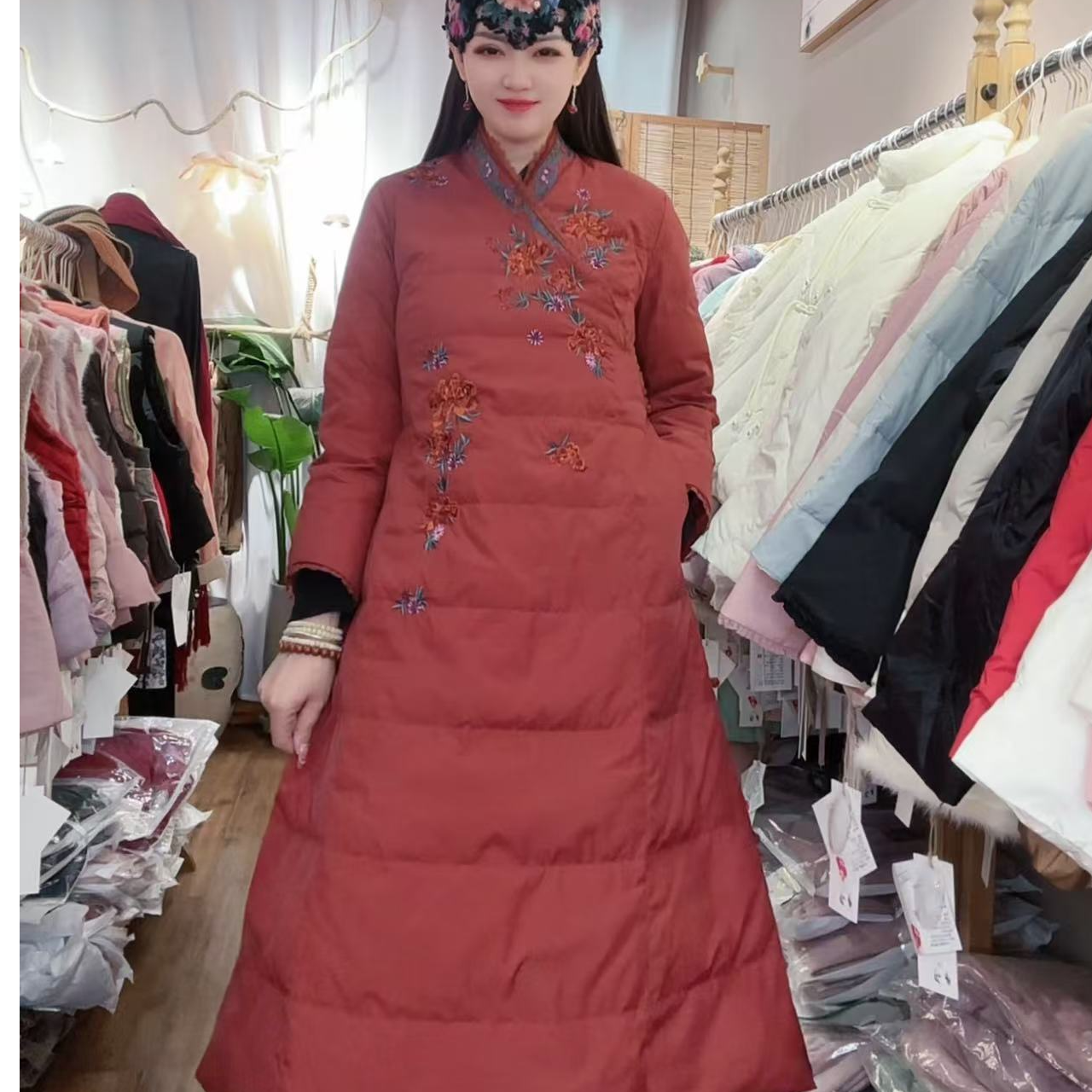 原创民族风冬季白鸭绒羽绒服旗袍长款