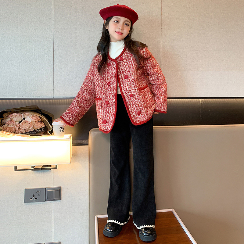 女童冬季外套红色2024新款拜年服儿童复古小香风夹棉加厚冬装大童