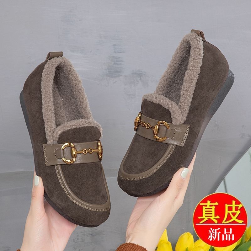 红蜻蜓牌真皮毛毛鞋女平底软底圆头乐福鞋2023新款加绒老北京布鞋