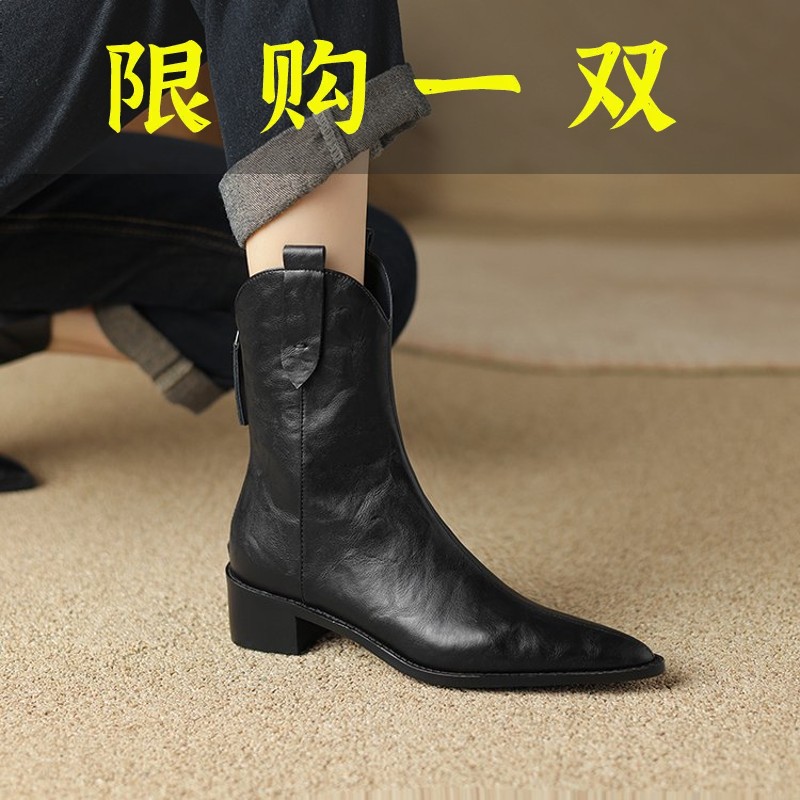 红蜻蜓牌2023春秋尖头短靴女粗跟中跟裸靴复古v口靴子百搭小众