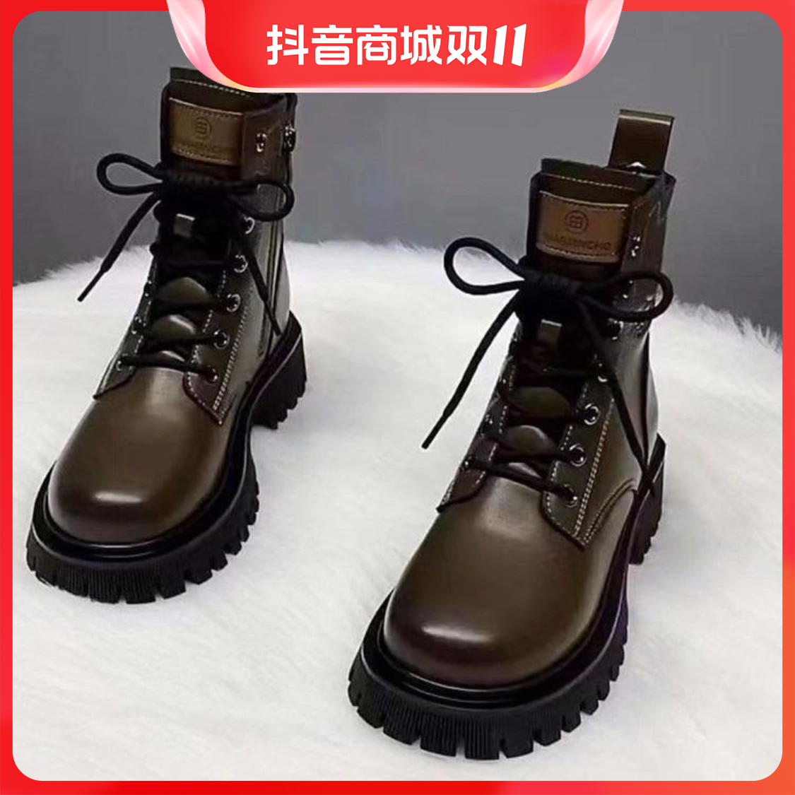 红蜻蜓牌短筒靴子冬季橡胶低跟马丁靴U圆头前系带网红百搭英伦风
