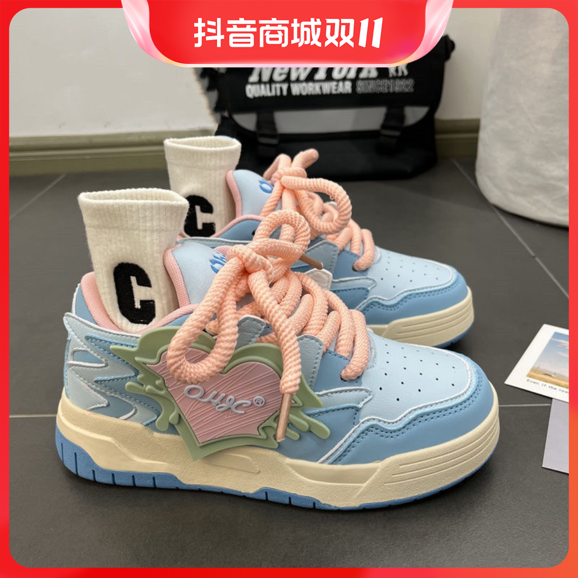红蜻蜓牌国潮爱心厚底滑板面包鞋女板鞋百搭学生休闲运动鞋ins
