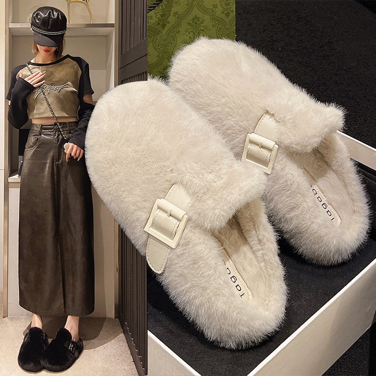 【3cm】白色法式加绒毛毛鞋子女秋冬款新款保暖鞋一脚蹬软底棉拖鞋