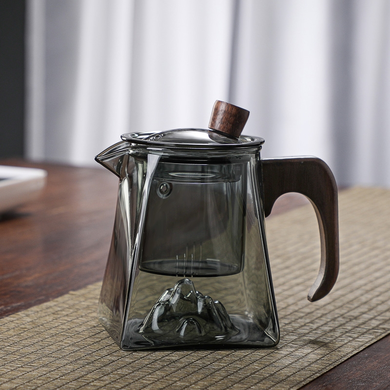 烟灰色木把玻璃泡茶壶单壶茶水分离加厚三件壶小青柑神器观山壶
