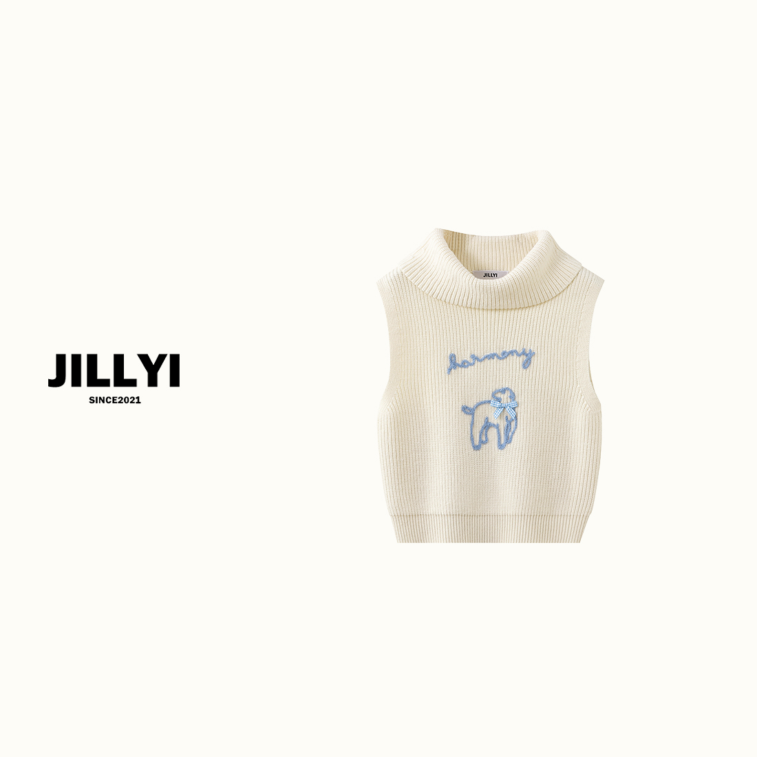 JILLYI【奶蓝小羊】秋冬百搭白色高领小羊羔刺绣针织背心