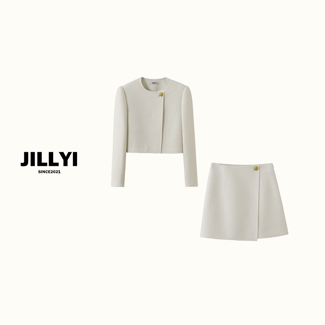 JILLYI珠海店【意式奶冻】单粒白金扣粗花呢套装小香风气质轻奢时尚