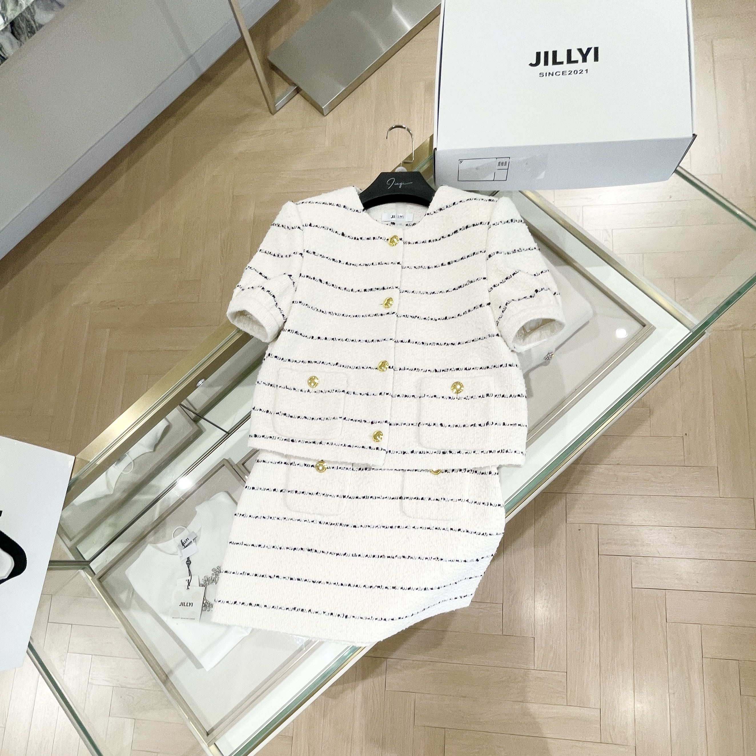 JILLYI南山店【公主下午茶】粗花呢条纹短袖两件套时尚休闲夏款