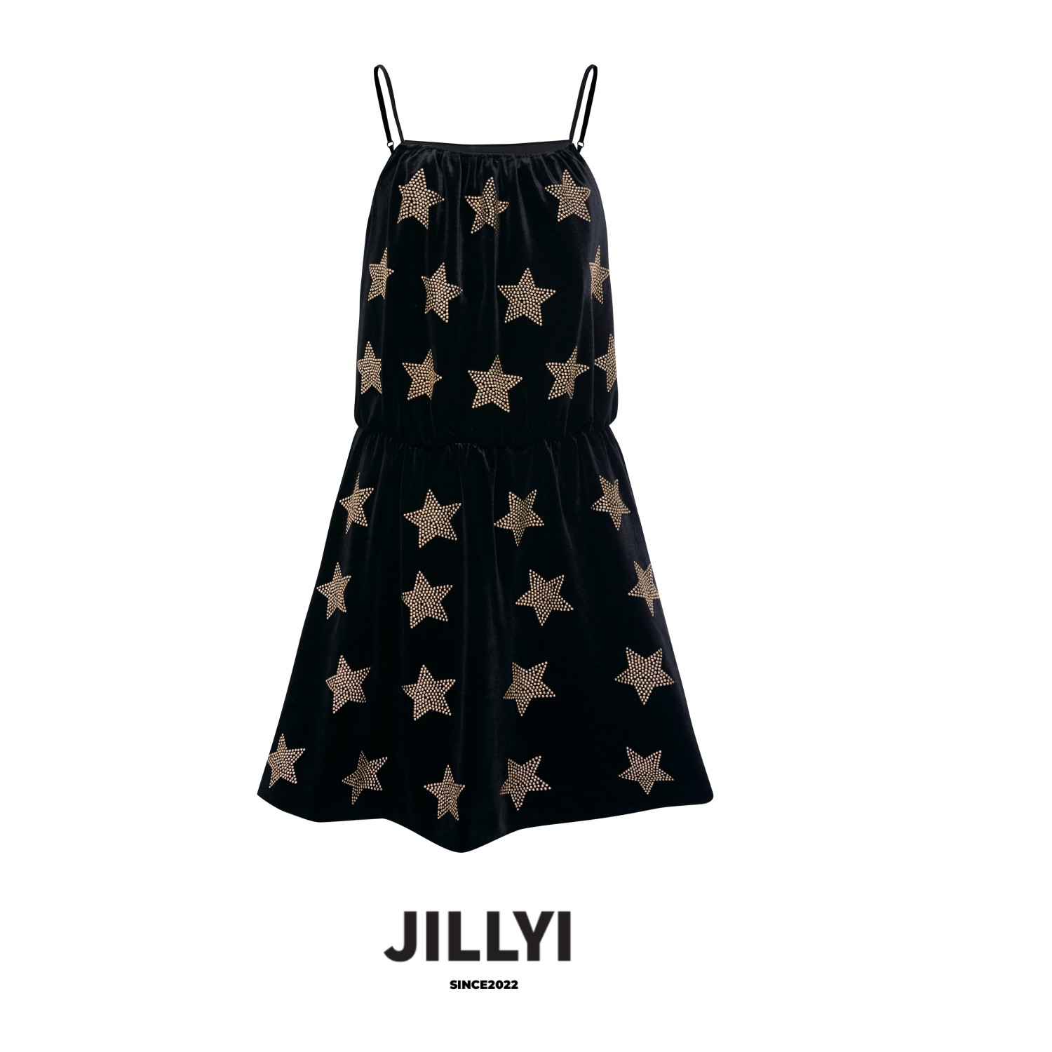 JILLYI珠海店【丝绒小妖精】铆钉五角星丝绒名媛吊带黑色连衣裙 