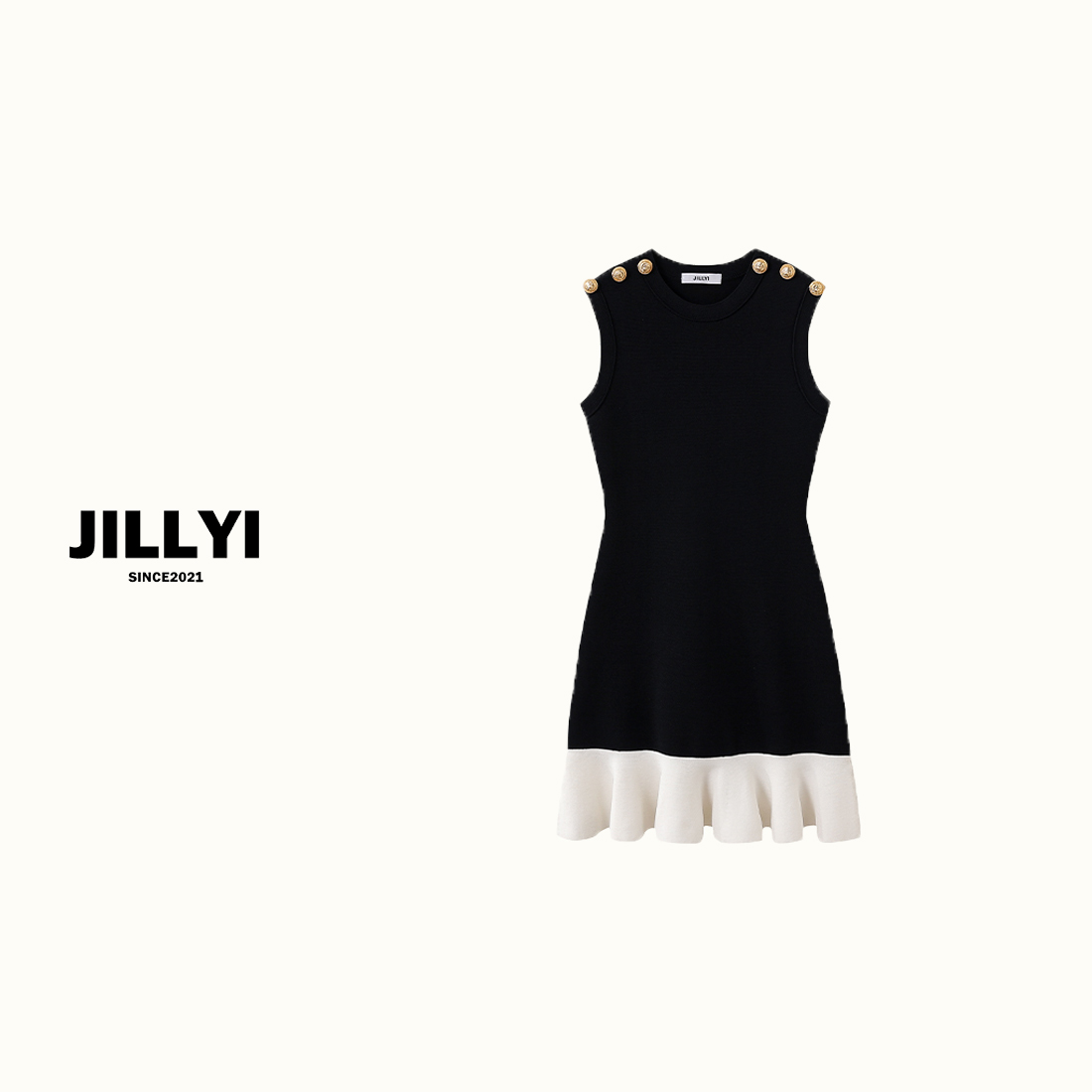 JILLYI南山店【人鱼小姐】针织撞色时尚夏季黑色背心裙百搭无