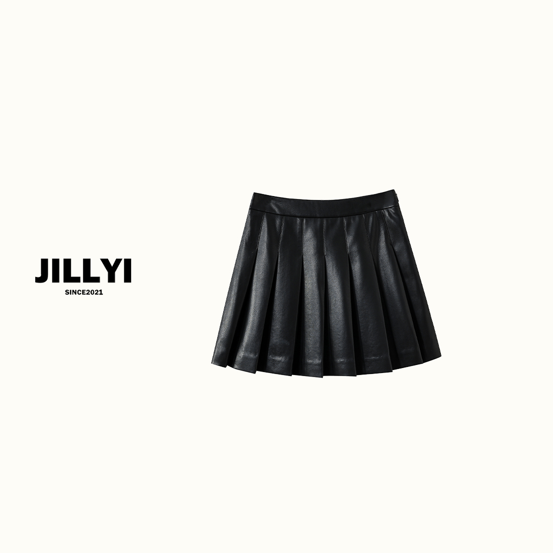 JILLYI【黑金舞曲】黑色金属字母扣百褶皮裙时尚洋气百搭休闲半身裙