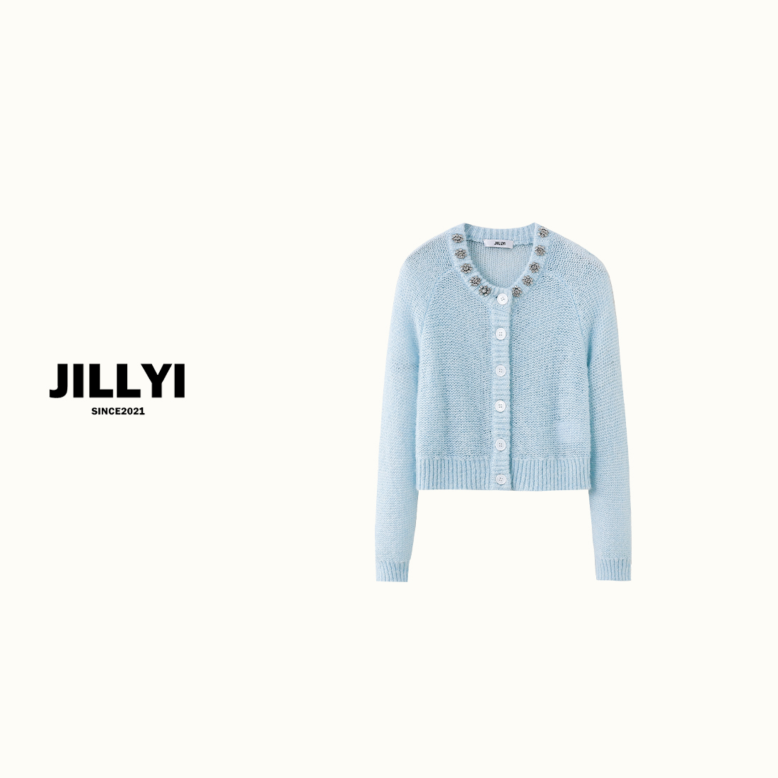 JILLYI珠海店【月光珍珠】两色五花珍珠扣手工长袖针织衫小香风气质