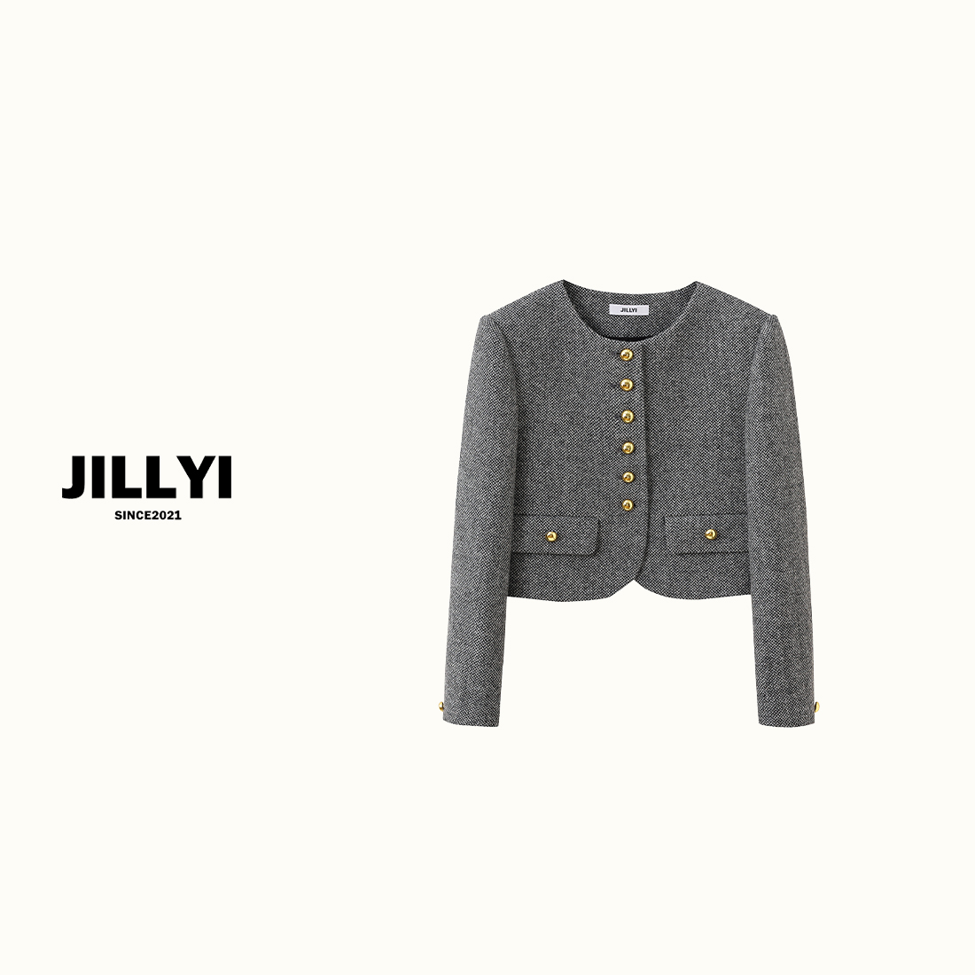 JILLYI【烟熏浅灰】深灰色复古小香风轻奢气质粗花呢时尚外套秋冬