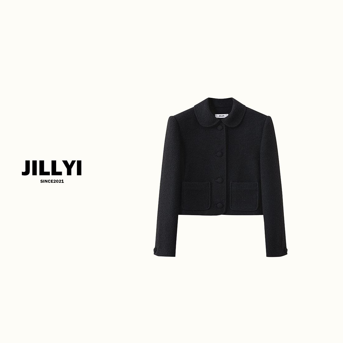 JILLYI【雪莉杜松】秋冬款时尚经典百搭纯色系元宝领粗花呢外套
