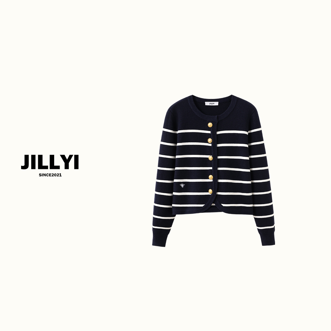 JILLYI珠海店【清新条纹】深蓝色条纹圆领金色单排扣针织开衫