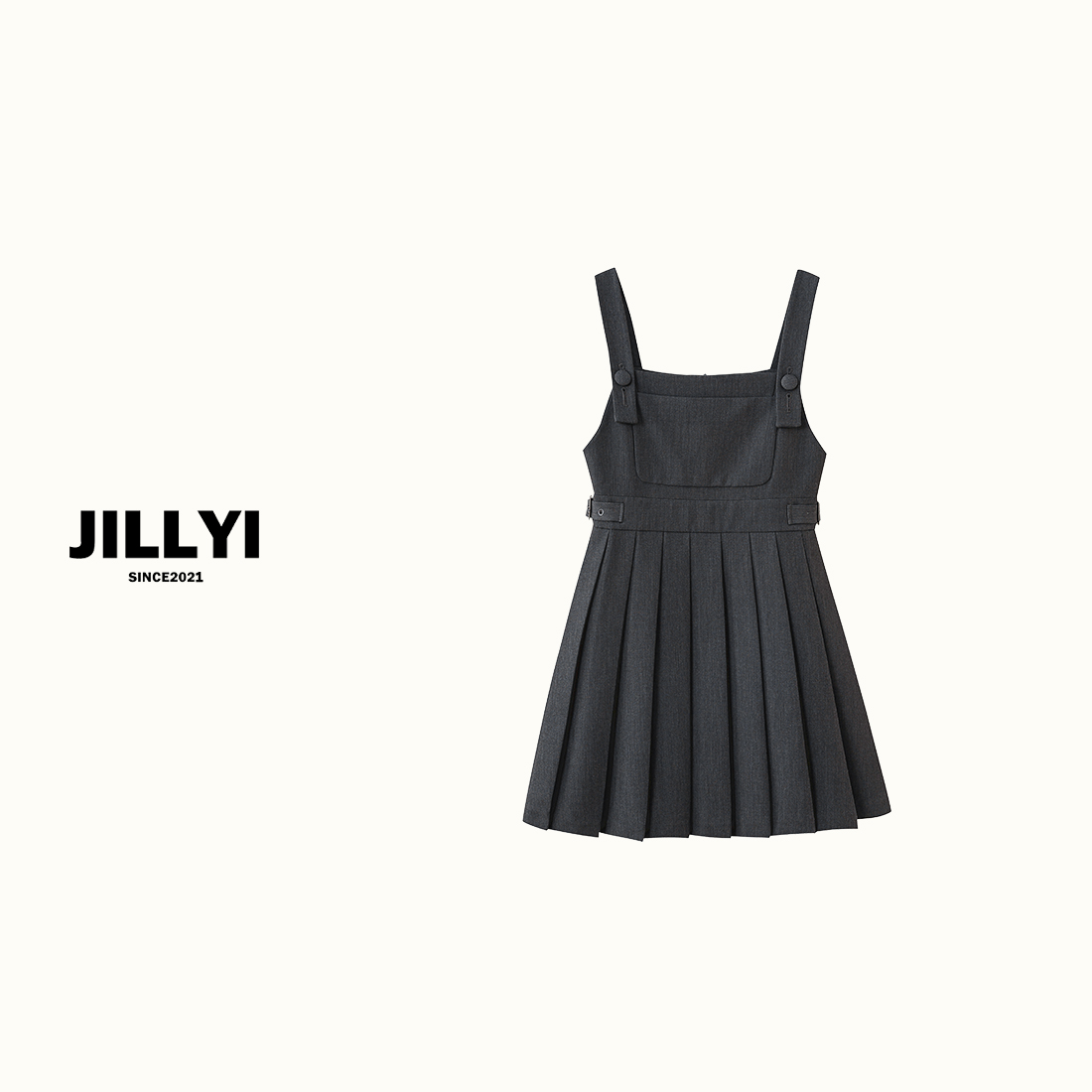 JILLYI珠海店【优雅图书馆】深灰色复古优雅吊带连衣裙百搭修身显瘦