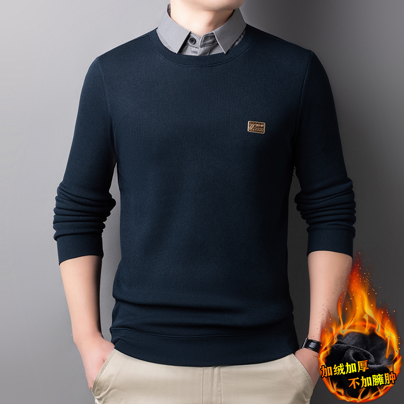 男士毛衣冬季长袖假两件加绒加厚针织衫商务休闲高档翻领打底衫男