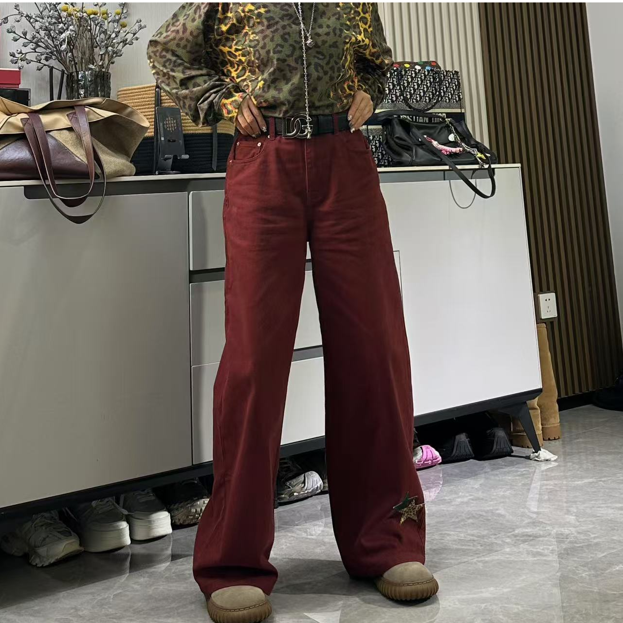 BUZH秋冬新款美式高街五星贴布直筒宽松垂感潮牌阔腿裤