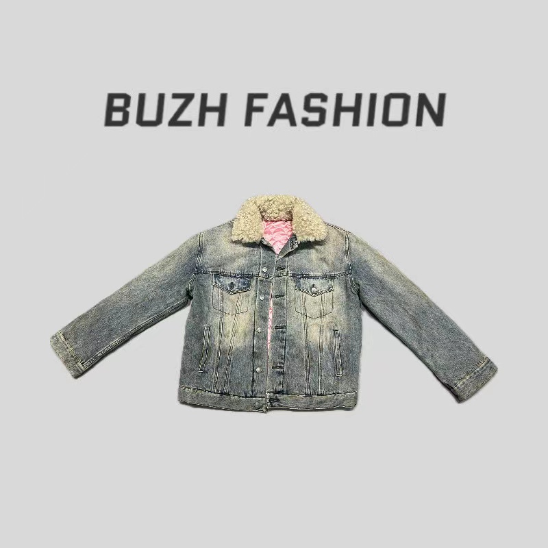 BUZH秋冬新款毛绒翻领夹棉厚款秋冬脏脏棉服牛仔外套