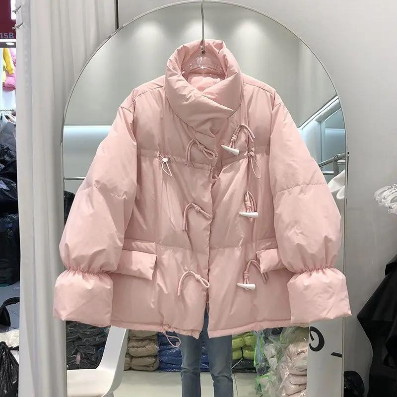 韩系宽松牛角扣羽服女短款2023新款韩版宽松衣面包服外套/非半身