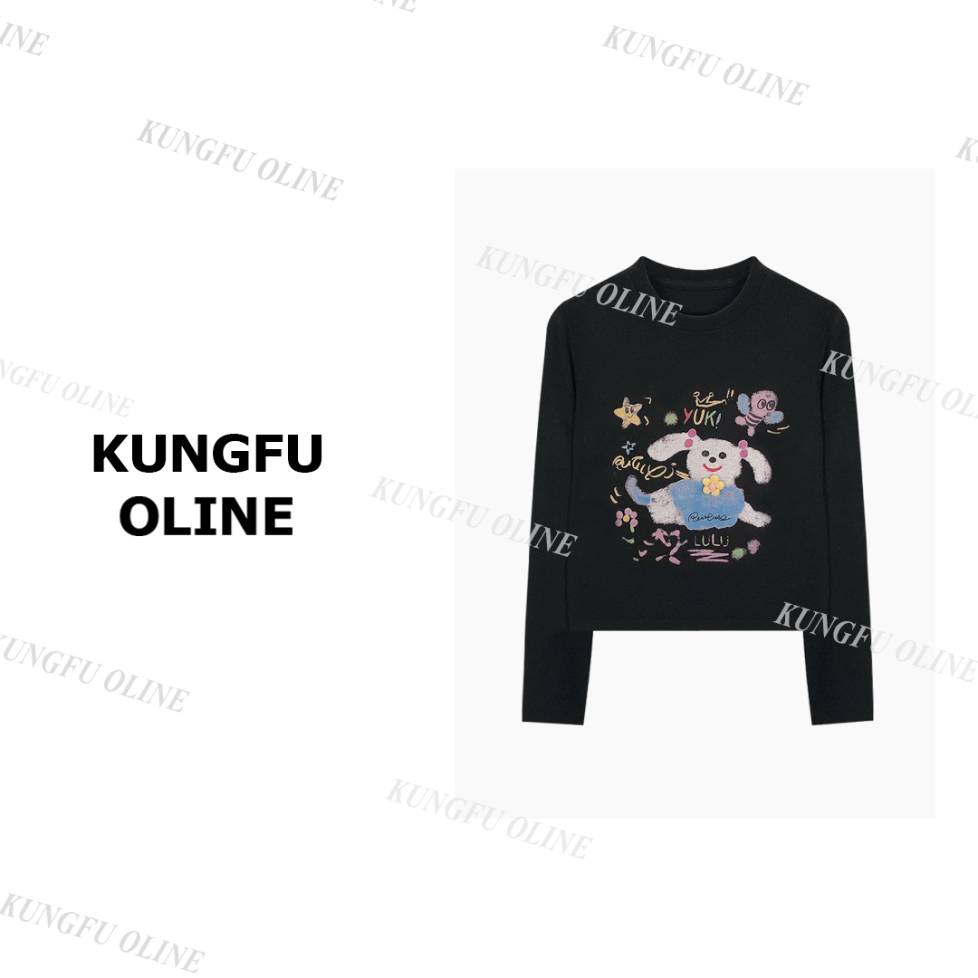 【杨咩咩】【蜜蜂狗】CT7075印花长袖T恤百搭慵懒风纯棉薄款上衣女