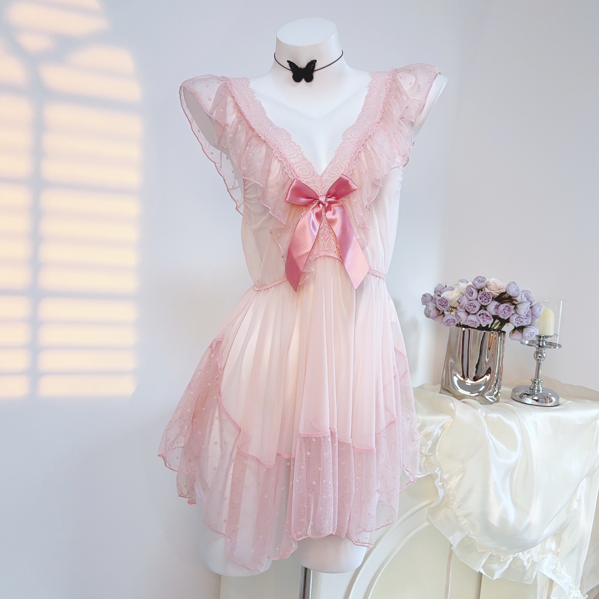 粉洛佳人【80-170】清透网纱大码内衣显瘦蕾丝纯欲性感睡衣情侣睡裙