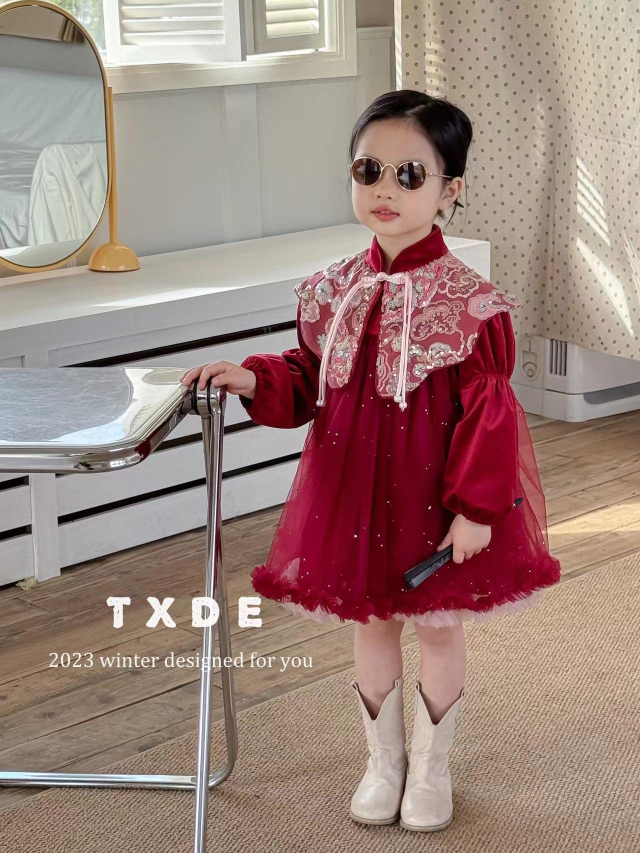 TX-3276- 儿童国风百搭重工亮片高级感连衣裙套装（冬款）