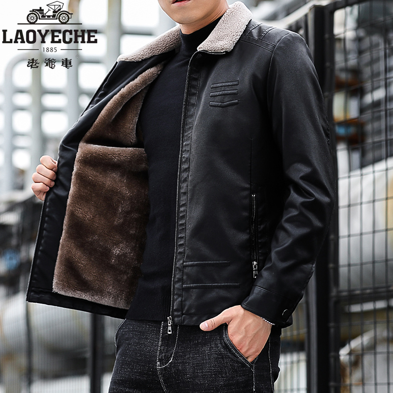 老爷车海宁加绒加厚皮衣男外套秋冬新款潮流帅气软皮夹克翻领保暖