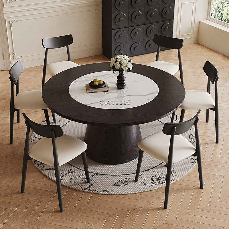 8886黑色多功能实木餐桌轻奢新中式客厅家用简约北欧圆形吃饭桌餐