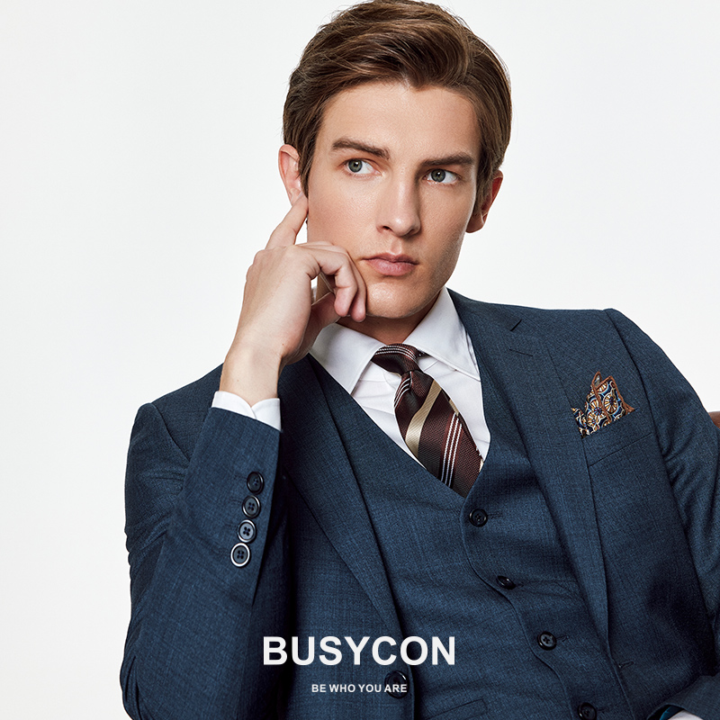 藏青色休闲纯色西服套装修身商务结婚男士抗皱免烫后反季外套裤子