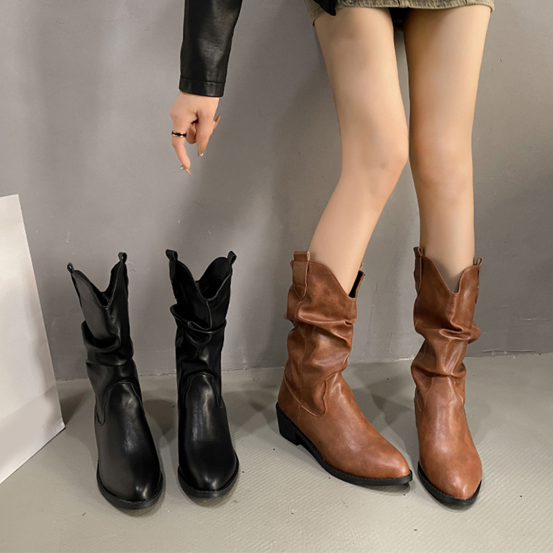 靴子女2023春秋新款复古长靴褶皱粗高跟堆堆靴厚底尖头高筒马丁靴