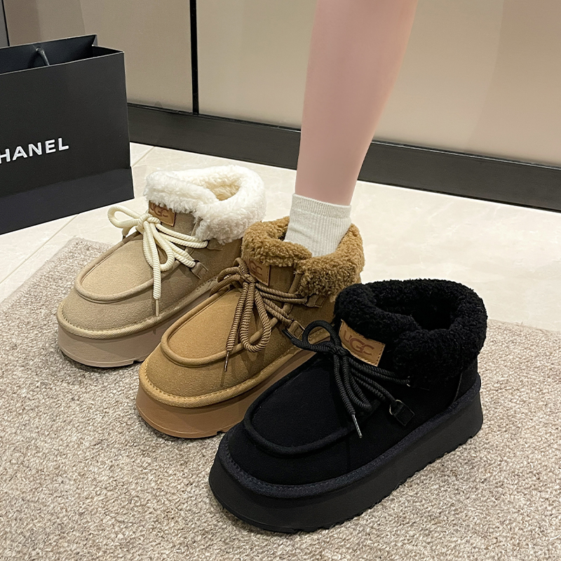 2023秋冬新款松糕厚底系带保暖雪地靴女皮毛一体增高短筒棉靴潮