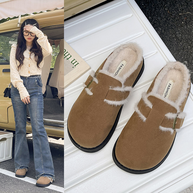 毛毛拖鞋女外穿2023新款秋冬季一脚蹬加绒鞋厚底包头半拖