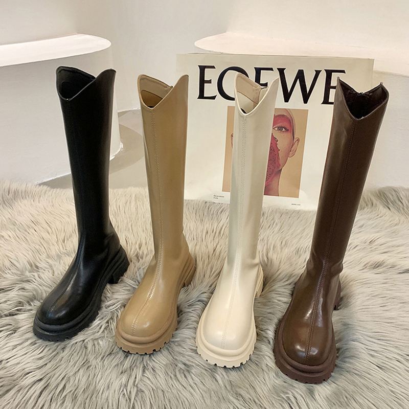 长筒靴女切尔西靴白色长靴子2023新款秋冬季厚底马丁靴高筒骑士靴