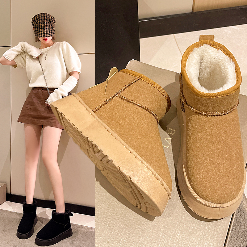 东北短筒雪地靴女冬加绒加厚保暖棉鞋子2023新款厚底一脚蹬面包鞋